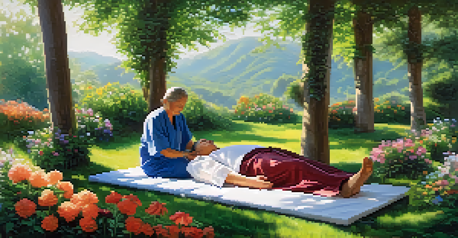 A patient receiving acupuncture in a tranquil garden, surrounded by nature.