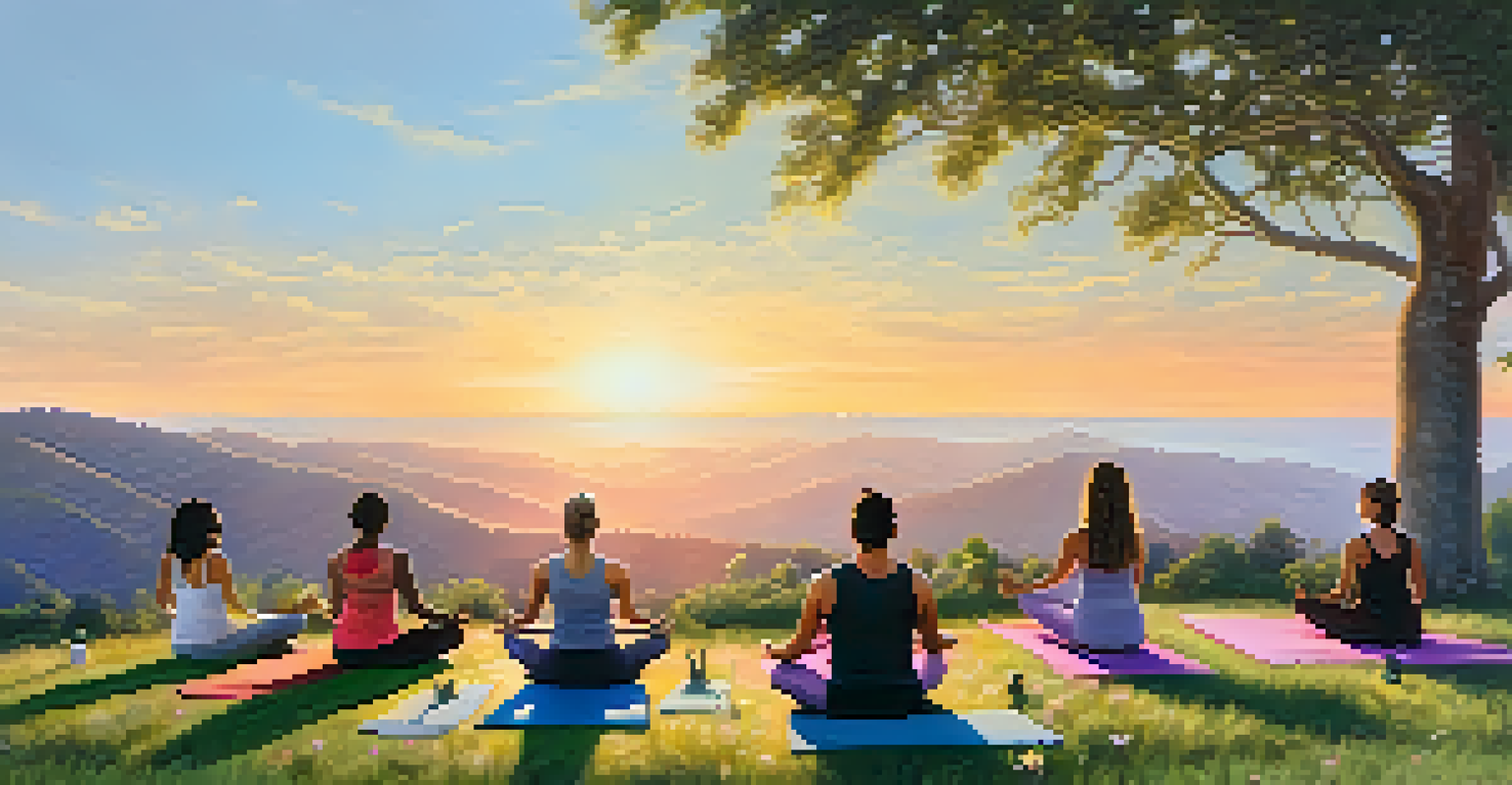 A diverse group of people practicing yoga on a grassy hill at sunrise, surrounded by nature.