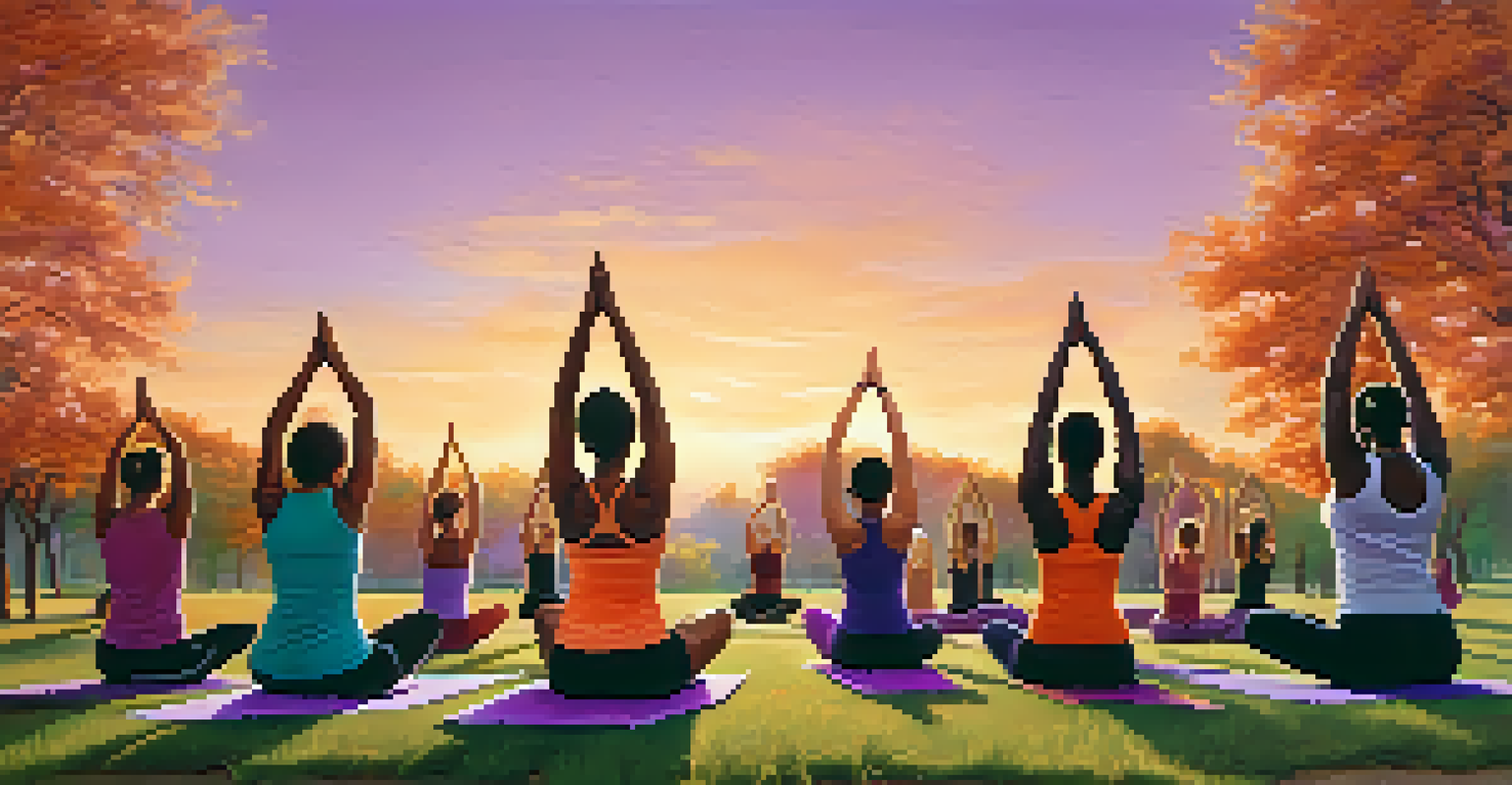 A diverse group of women practicing yoga in a park during sunset, with a colorful sky and greenery around them.