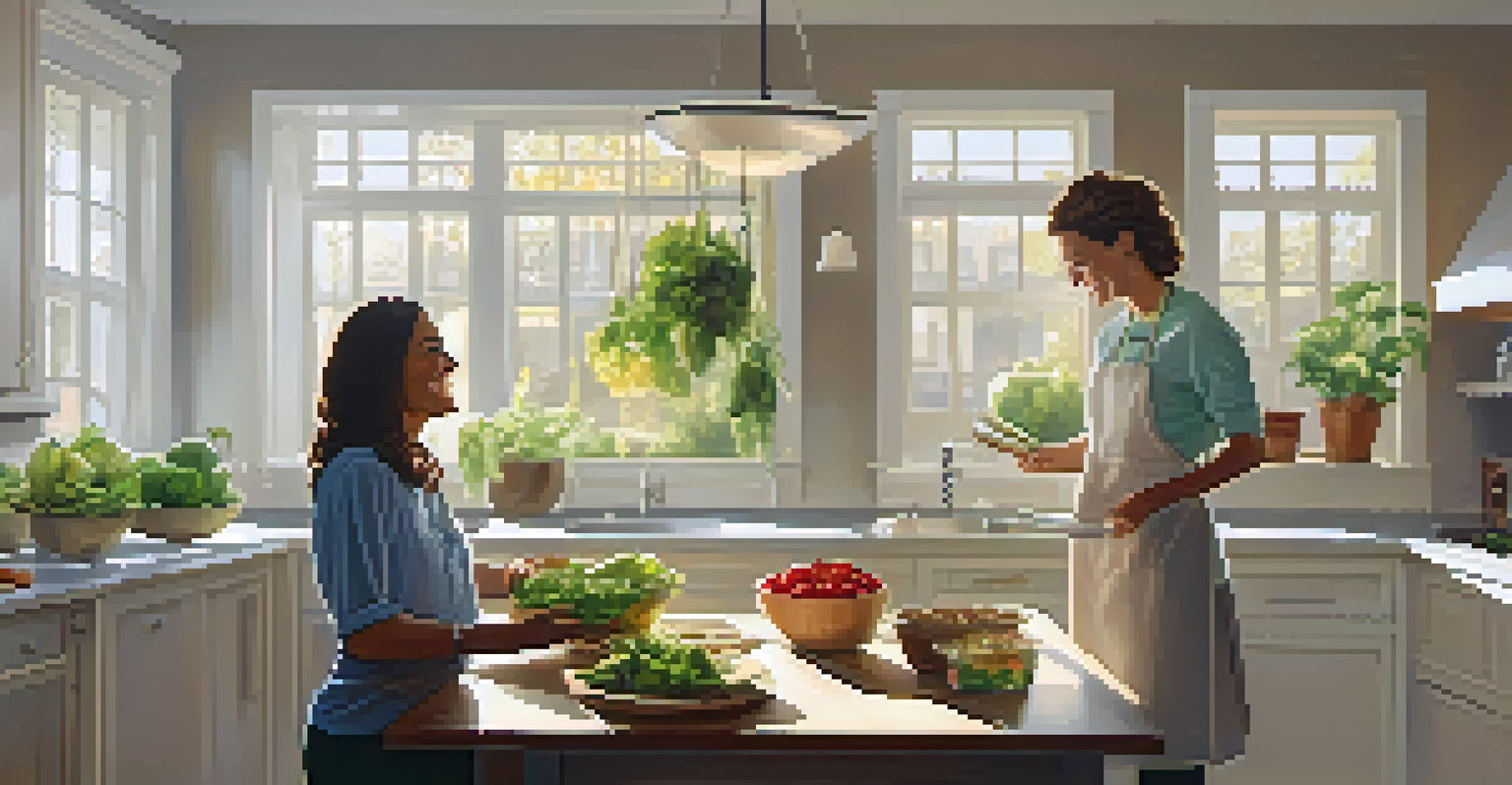 A nutritionist discussing a meal plan with a client in a bright kitchen, surrounded by fresh produce and whole foods.