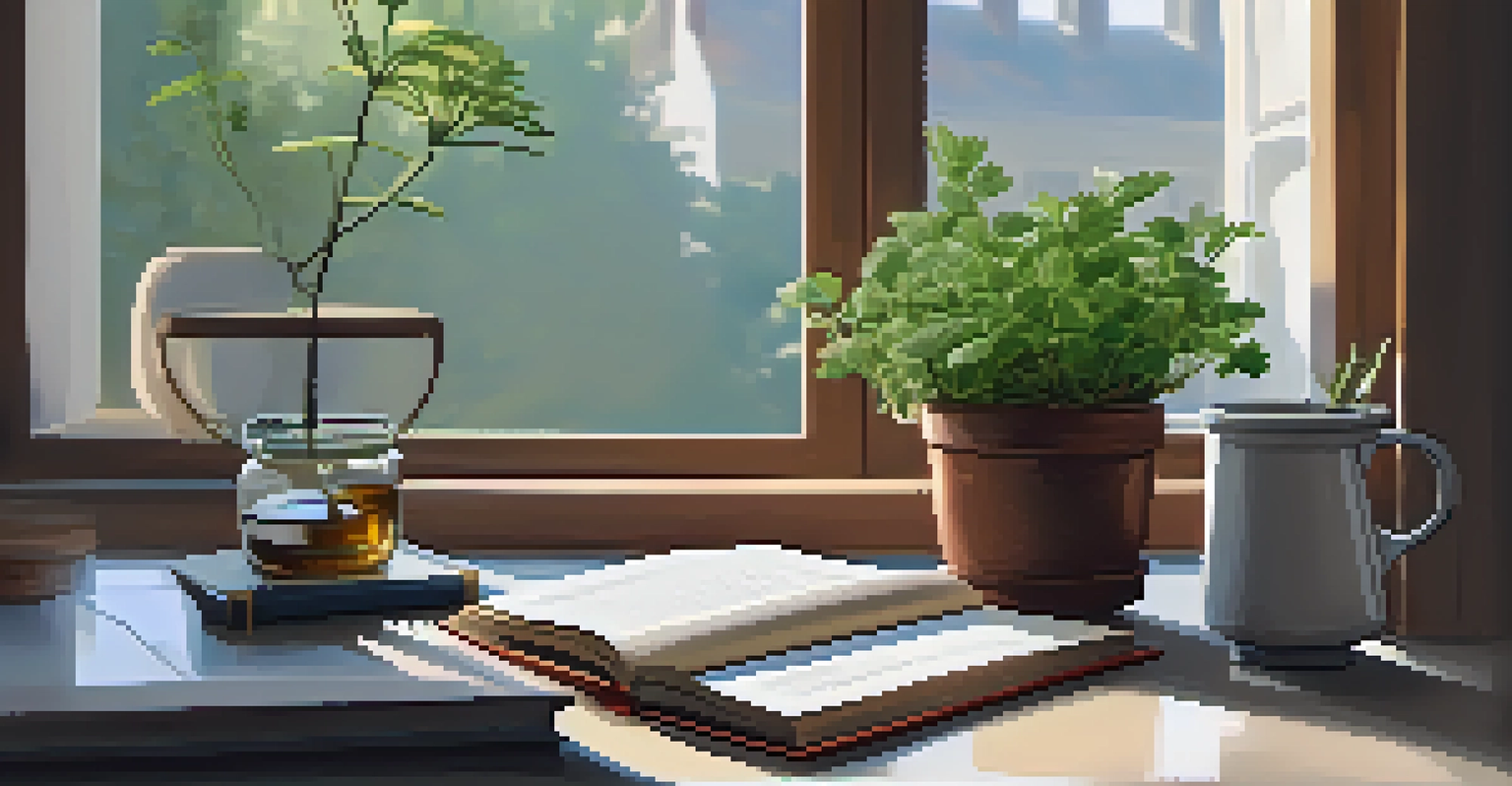 A tranquil workspace with an open herbal medicine book, fresh herbs, a cup of herbal tea, and a small potted plant, bathed in natural light from a window.