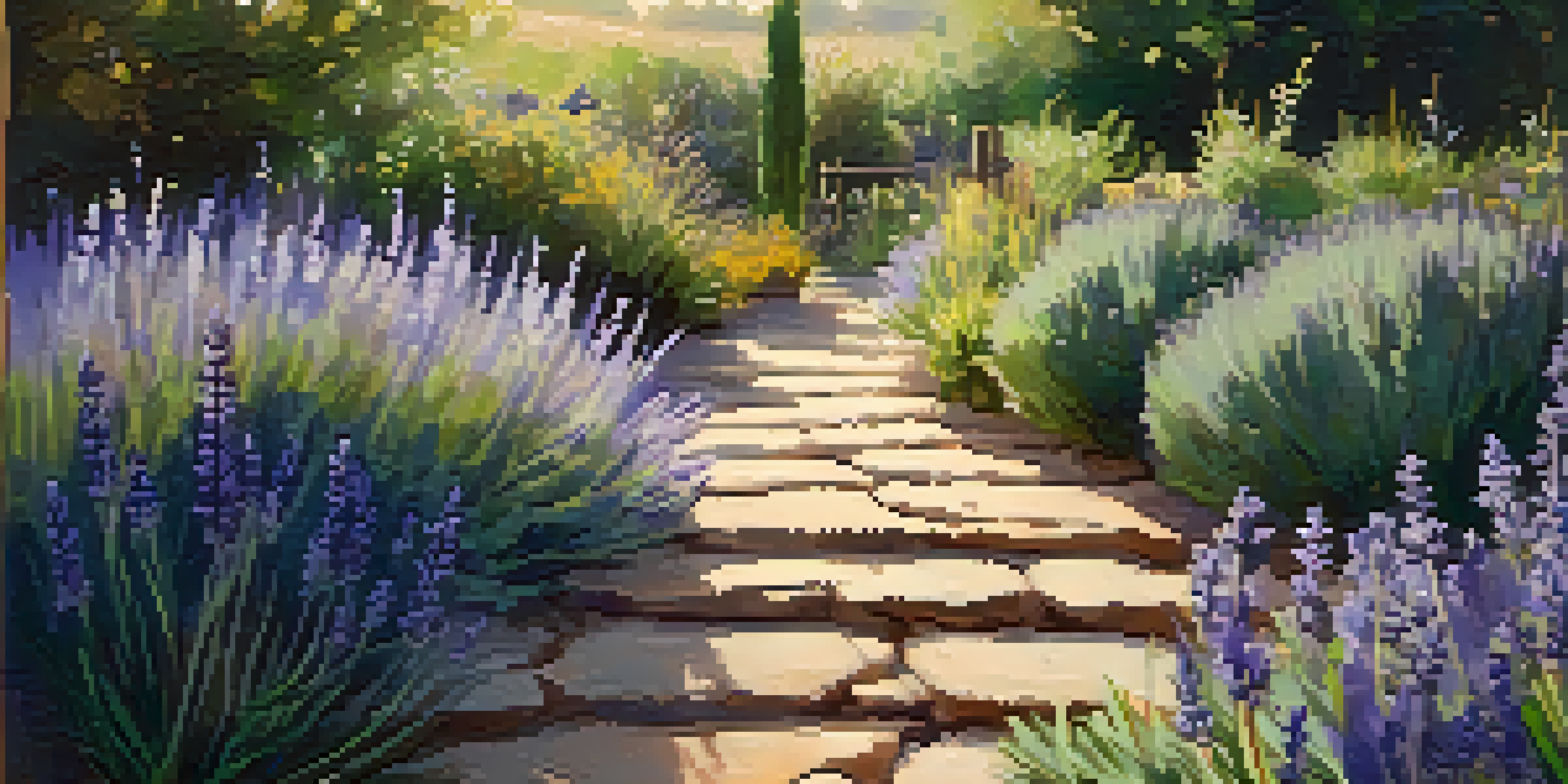 A peaceful herbal garden featuring lavender, mint, and rosemary, illuminated by golden sunlight with a wooden signpost labeling each herb.