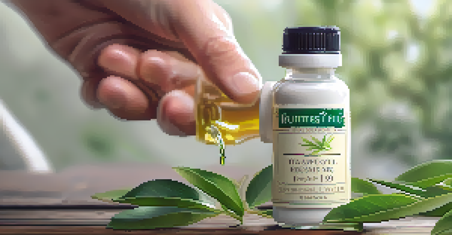 A close-up of a hand holding a tea tree essential oil bottle with fresh green leaves in the background, emphasizing its properties.