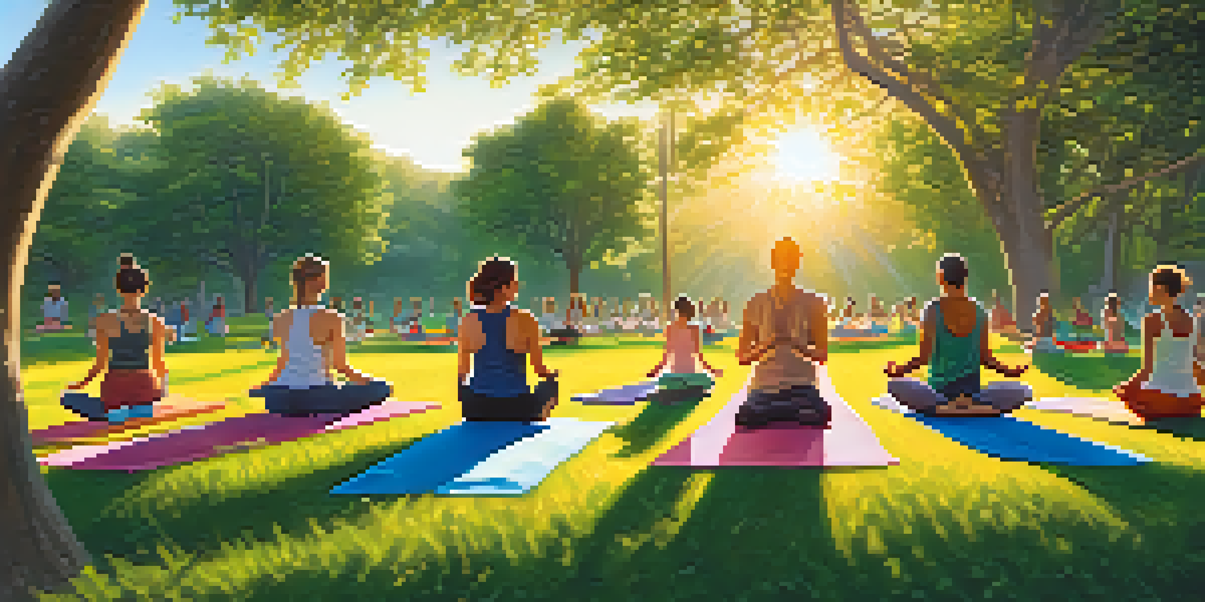 A diverse group of individuals practicing yoga in a peaceful park during sunrise, surrounded by greenery and soft sunlight.