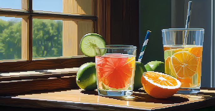 A close-up image of a glass of water on a wooden table, surrounded by slices of hydrating fruits like oranges, cucumbers, and watermelon, with soft natural light creating a warm atmosphere.