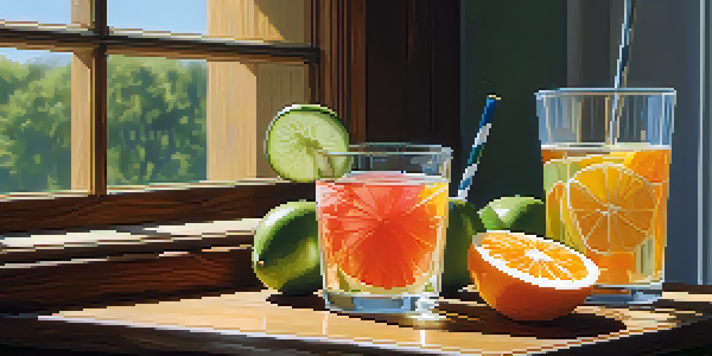 A close-up image of a glass of water on a wooden table, surrounded by slices of hydrating fruits like oranges, cucumbers, and watermelon, with soft natural light creating a warm atmosphere.