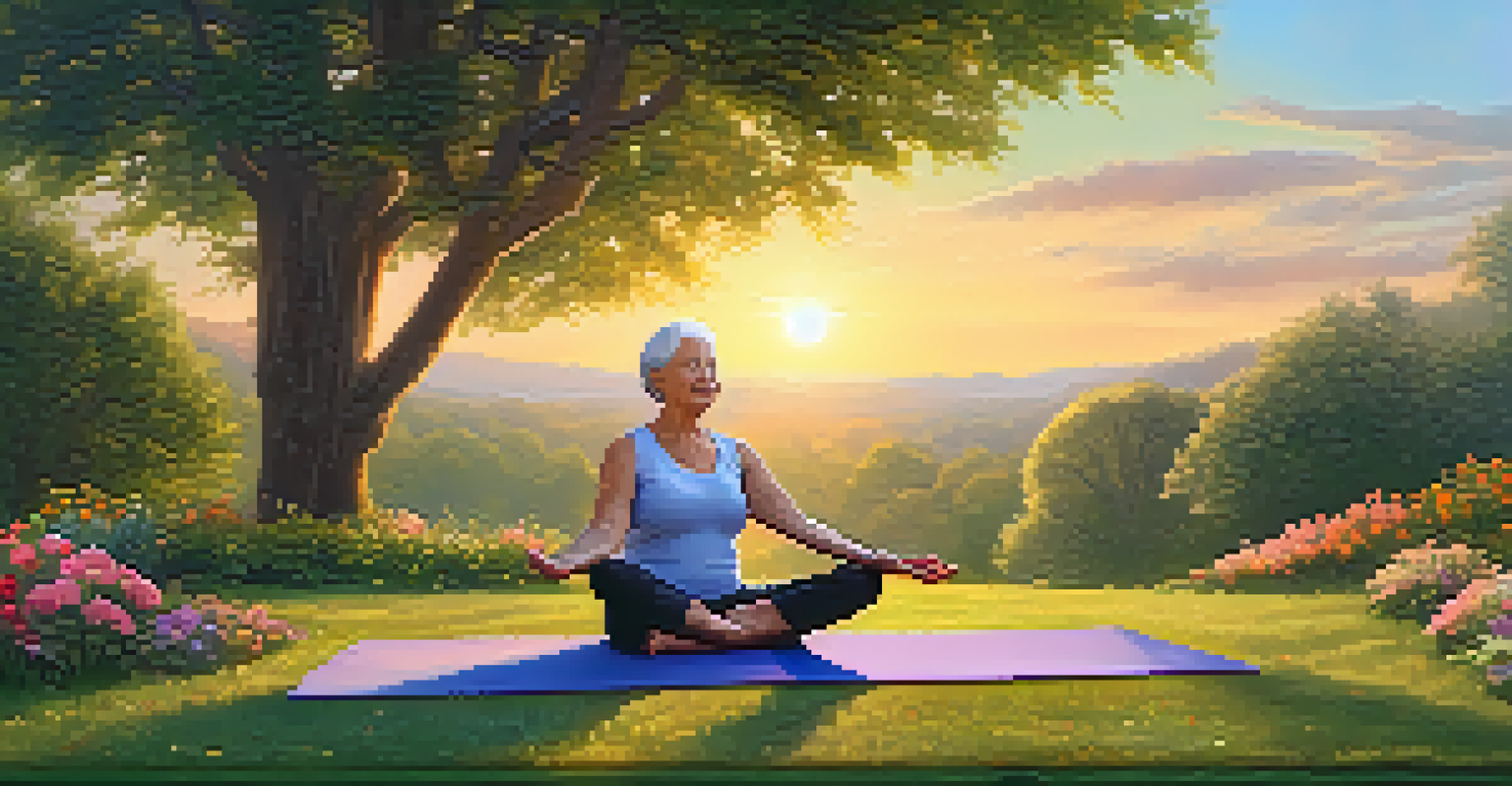 An elderly person practicing yoga on a mat in a peaceful park, with green trees and colorful flowers around them.