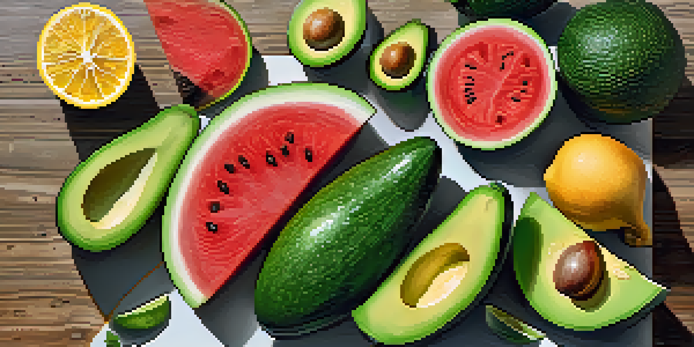 A close-up image of fresh fruits and vegetables including cucumbers, watermelon, and avocados, arranged on a wooden cutting board under soft natural light.