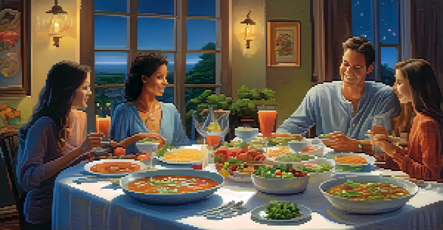 A dining table with soups and smoothies, where family and friends are sharing a meal together, creating a cozy atmosphere.