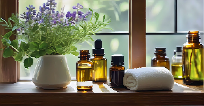 A peaceful spa environment with essential oil bottles, fresh herbs, and flowers in soft natural light.