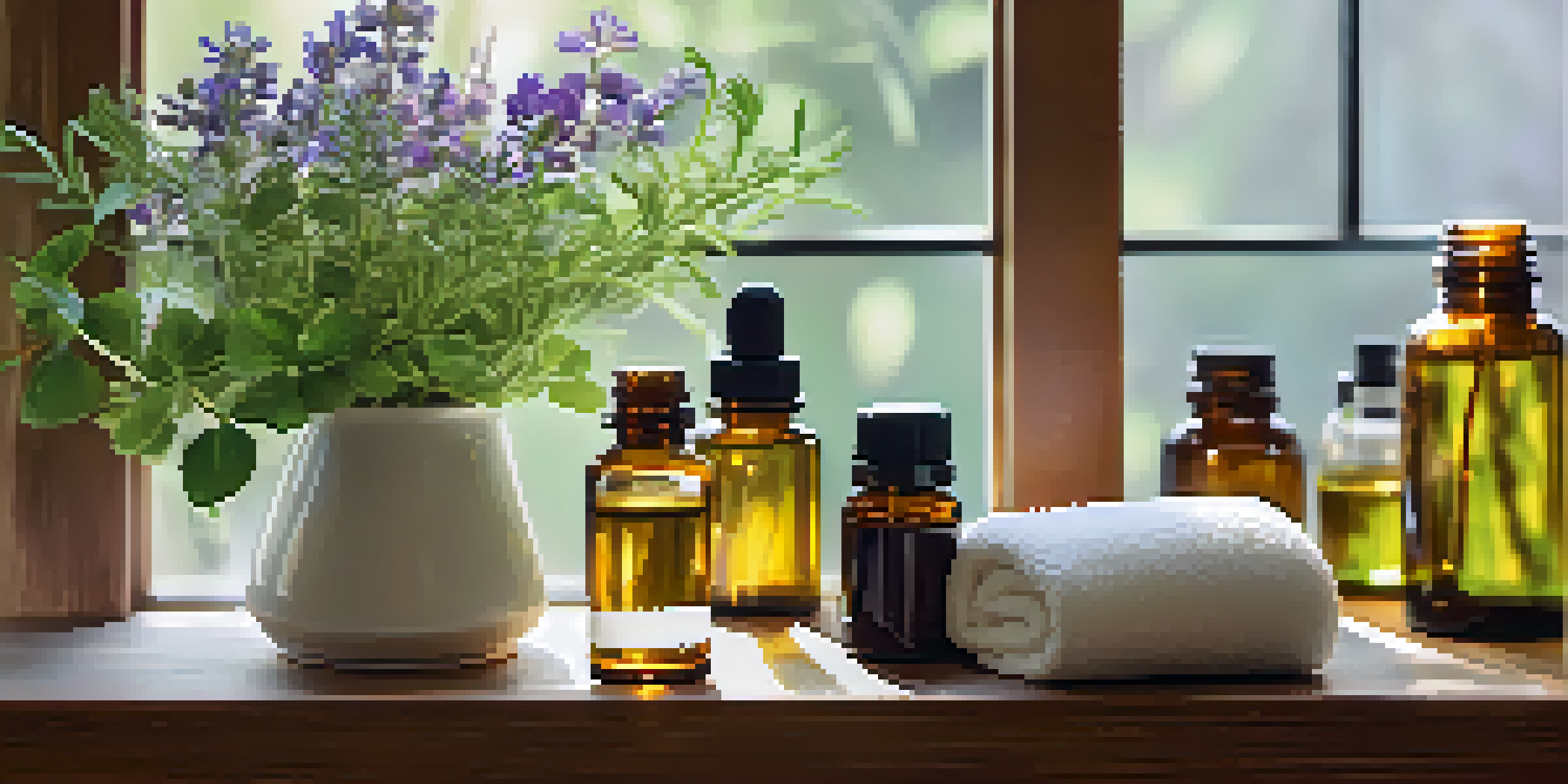 A peaceful spa environment with essential oil bottles, fresh herbs, and flowers in soft natural light.