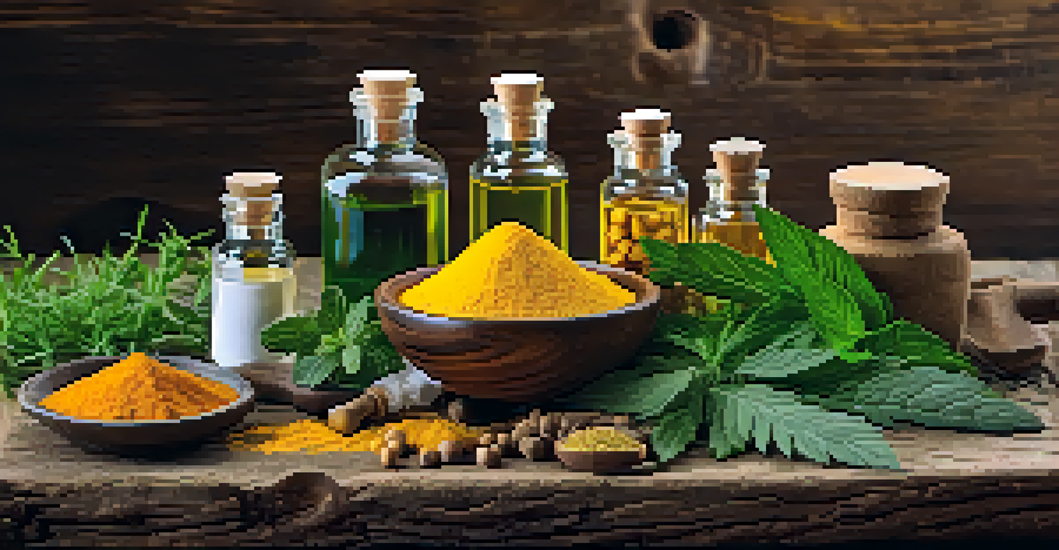 Close-up of herbs and natural supplements on a wooden table.