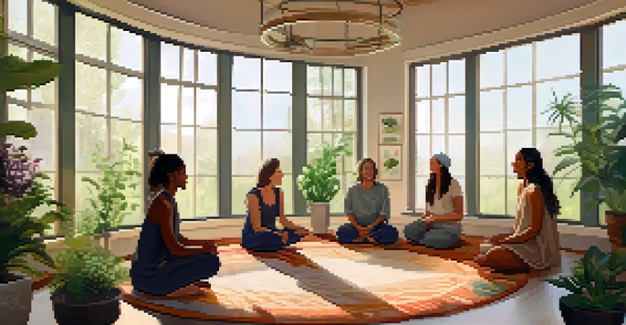 A group of diverse individuals engaged in a supportive discussion in a bright, plant-filled healing space.