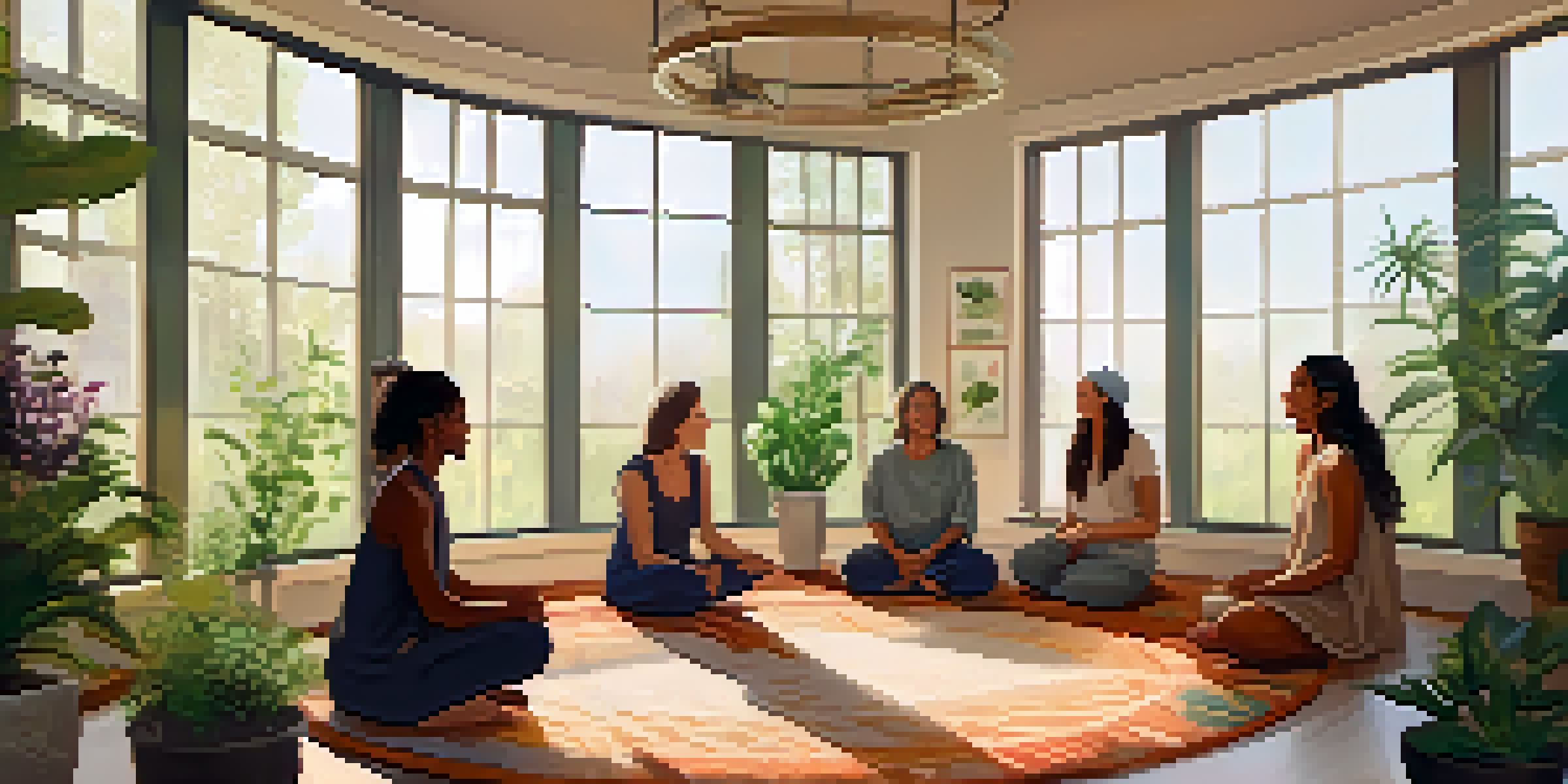 A group of diverse individuals engaged in a supportive discussion in a bright, plant-filled healing space.