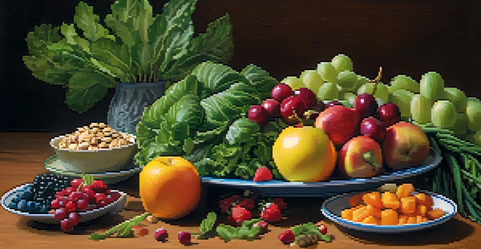 A colorful plate filled with fresh fruits, vegetables, nuts, and seeds arranged on a wooden table under warm natural lighting.