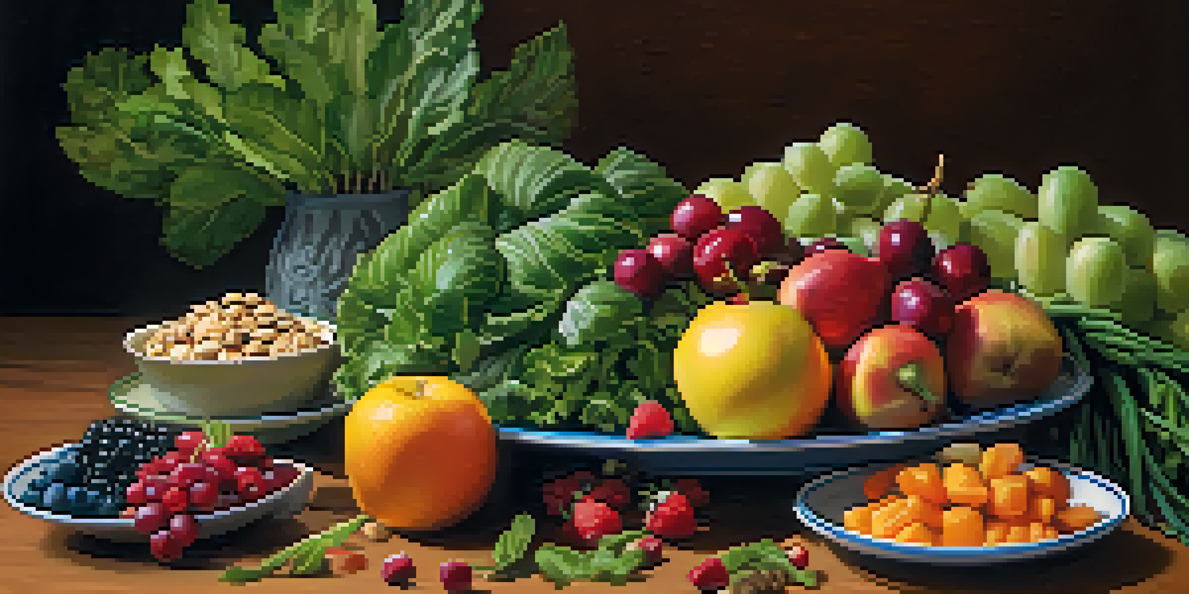 A colorful plate filled with fresh fruits, vegetables, nuts, and seeds arranged on a wooden table under warm natural lighting.