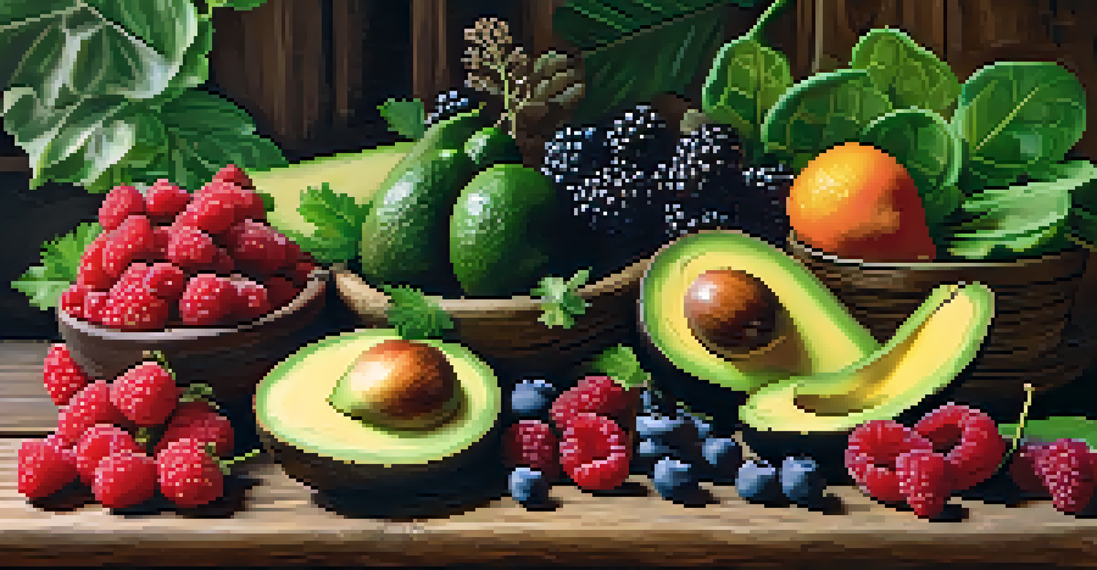 A colorful still life of fresh berries, leafy greens, avocados, and fish on a wooden table, showcasing nutritious foods.