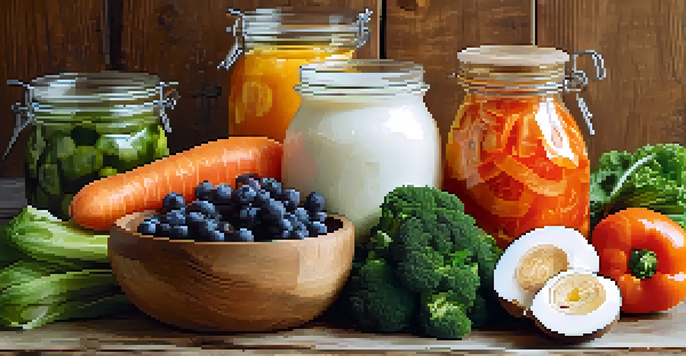 A colorful display of gut-friendly foods like fruits, vegetables, yogurt, kimchi, and sauerkraut on a wooden table, emphasizing healthy nutrition.