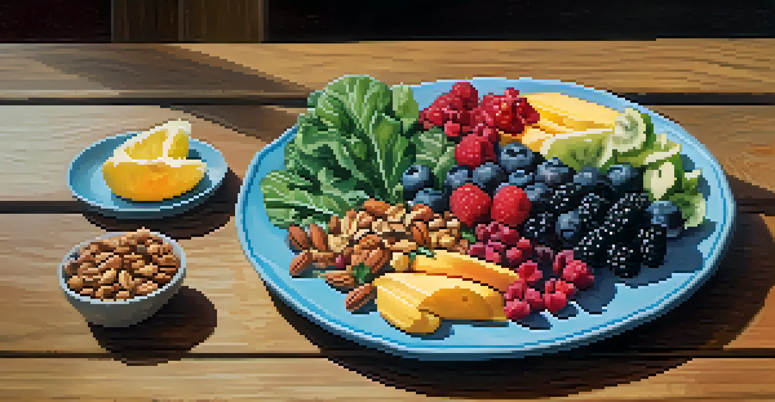 A plate of fresh fruits, vegetables, and nuts on a wooden table in natural light.
