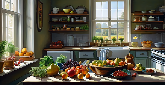 A bright kitchen with a wooden table adorned with fresh fruits, vegetables, and nuts, with sunlight filtering through a window.