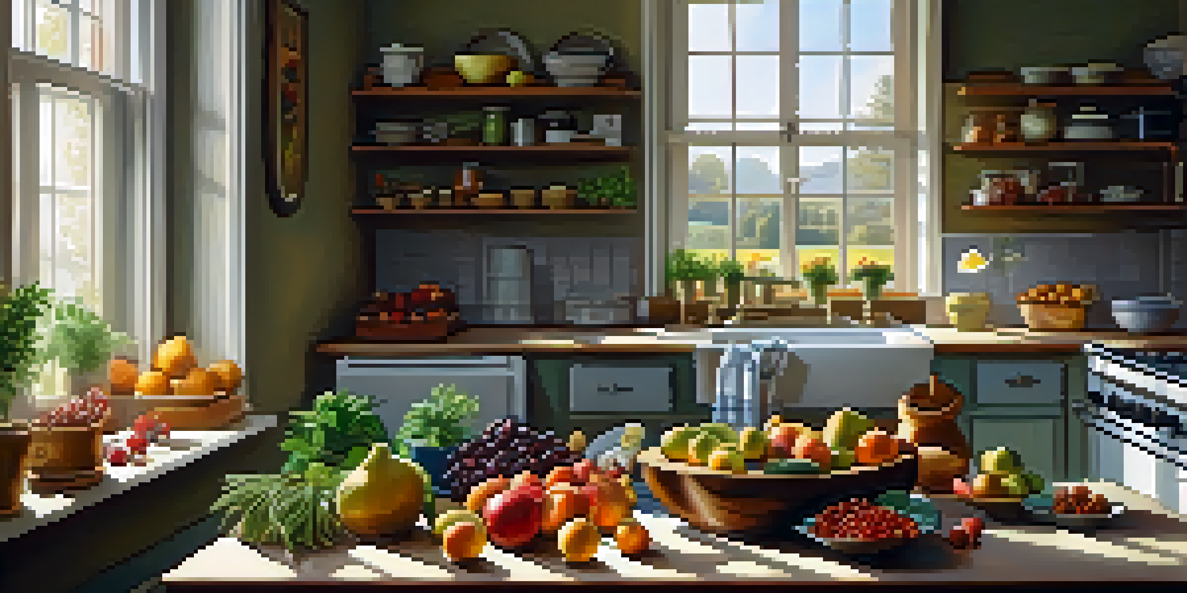 A bright kitchen with a wooden table adorned with fresh fruits, vegetables, and nuts, with sunlight filtering through a window.