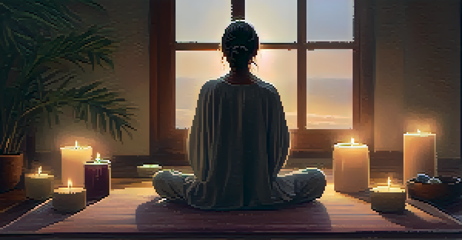 A peaceful meditation space with a person meditating on a mat, surrounded by candles and soft textures, creating a tranquil atmosphere.