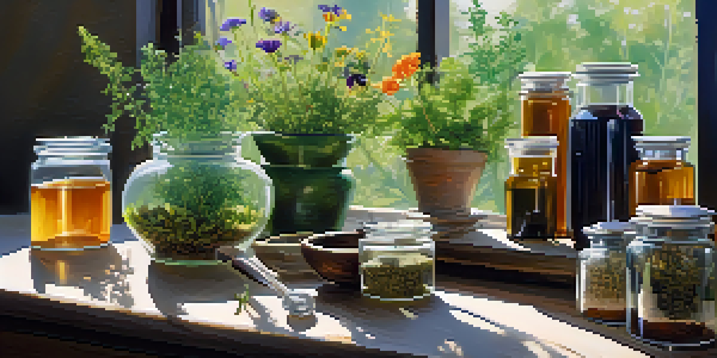 A peaceful herbal medicine garden with various green plants and flowers, featuring a wooden table with dried herbs in jars and a mortar and pestle, illuminated by soft sunlight.