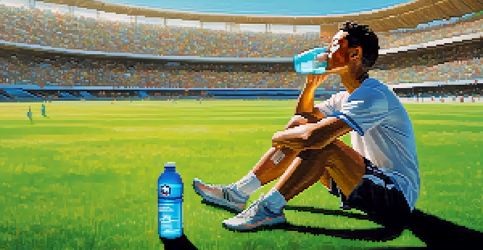 An athlete enjoying an electrolyte drink on a field with a soccer game in the background.