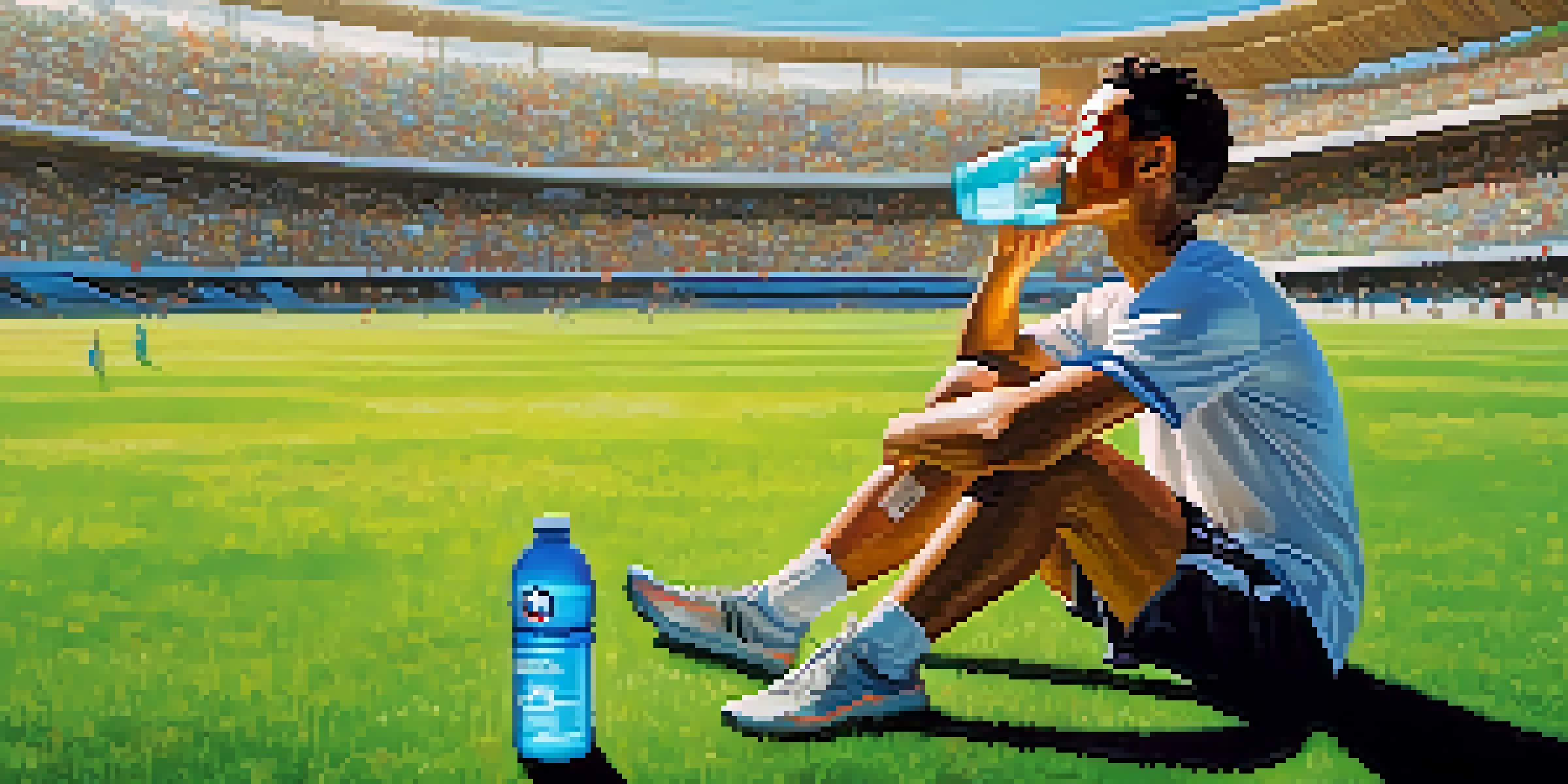 An athlete enjoying an electrolyte drink on a field with a soccer game in the background.