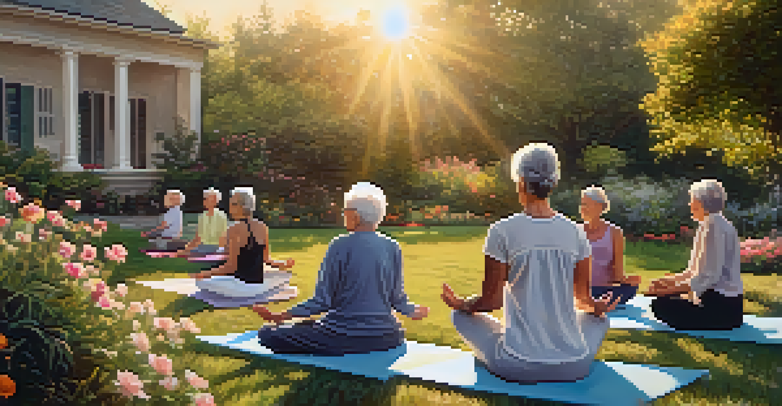 Elderly individuals practicing chair yoga in a peaceful garden during sunset.