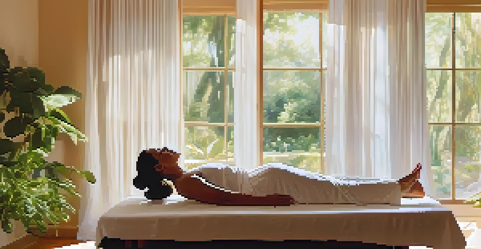 A practitioner performing Reiki in a sunlit room with a patient on a massage table, surrounded by plants and glowing energy orbs.