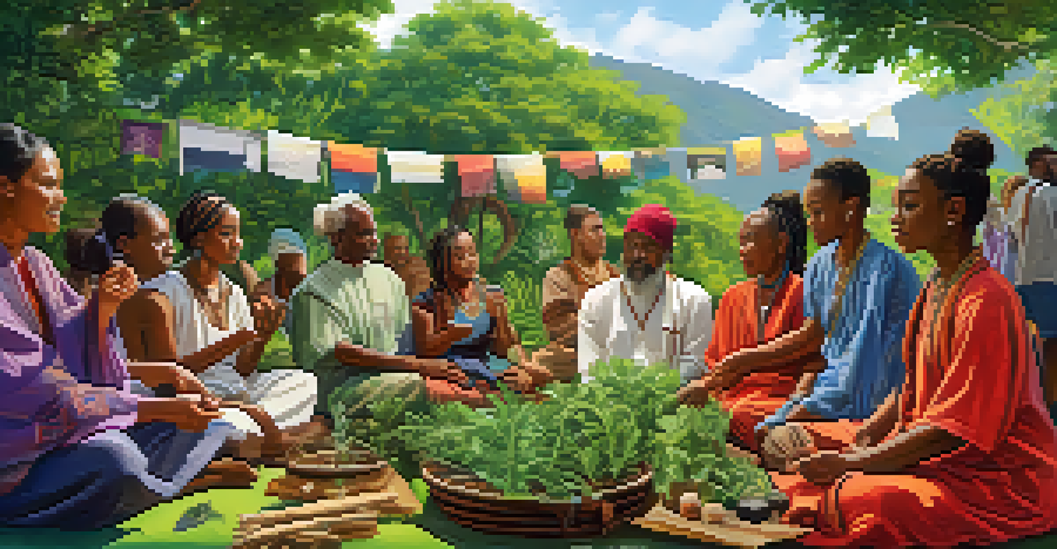 A diverse group of practitioners conducting a workshop on traditional healing practices outdoors.