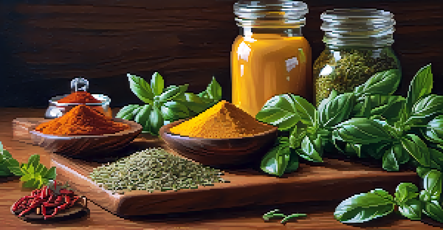 A close-up view of a wooden cutting board with fresh herbs and spices, showcasing their vibrant colors and textures.