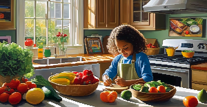 A child in a bright kitchen preparing a healthy meal with fresh fruits and vegetables on the table.