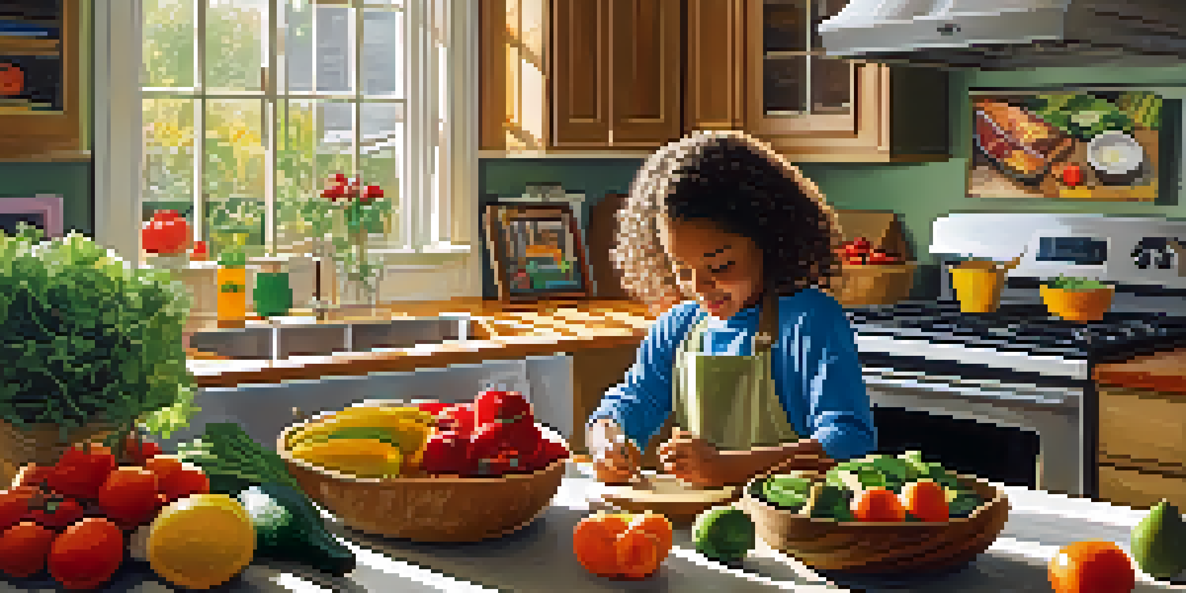 A child in a bright kitchen preparing a healthy meal with fresh fruits and vegetables on the table.