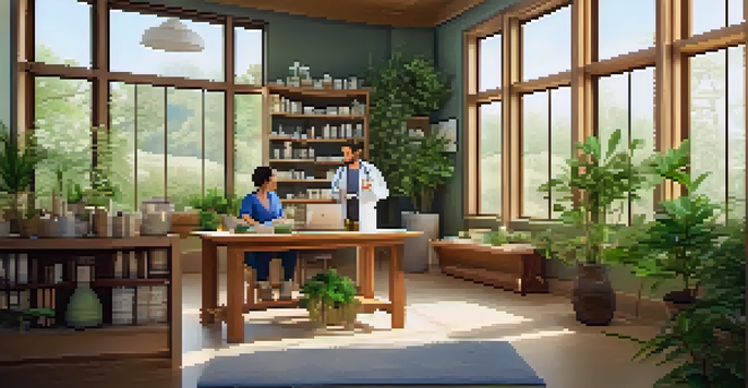 A peaceful naturopathic clinic with natural wood furnishings and plants, where a patient discusses health with a practitioner.