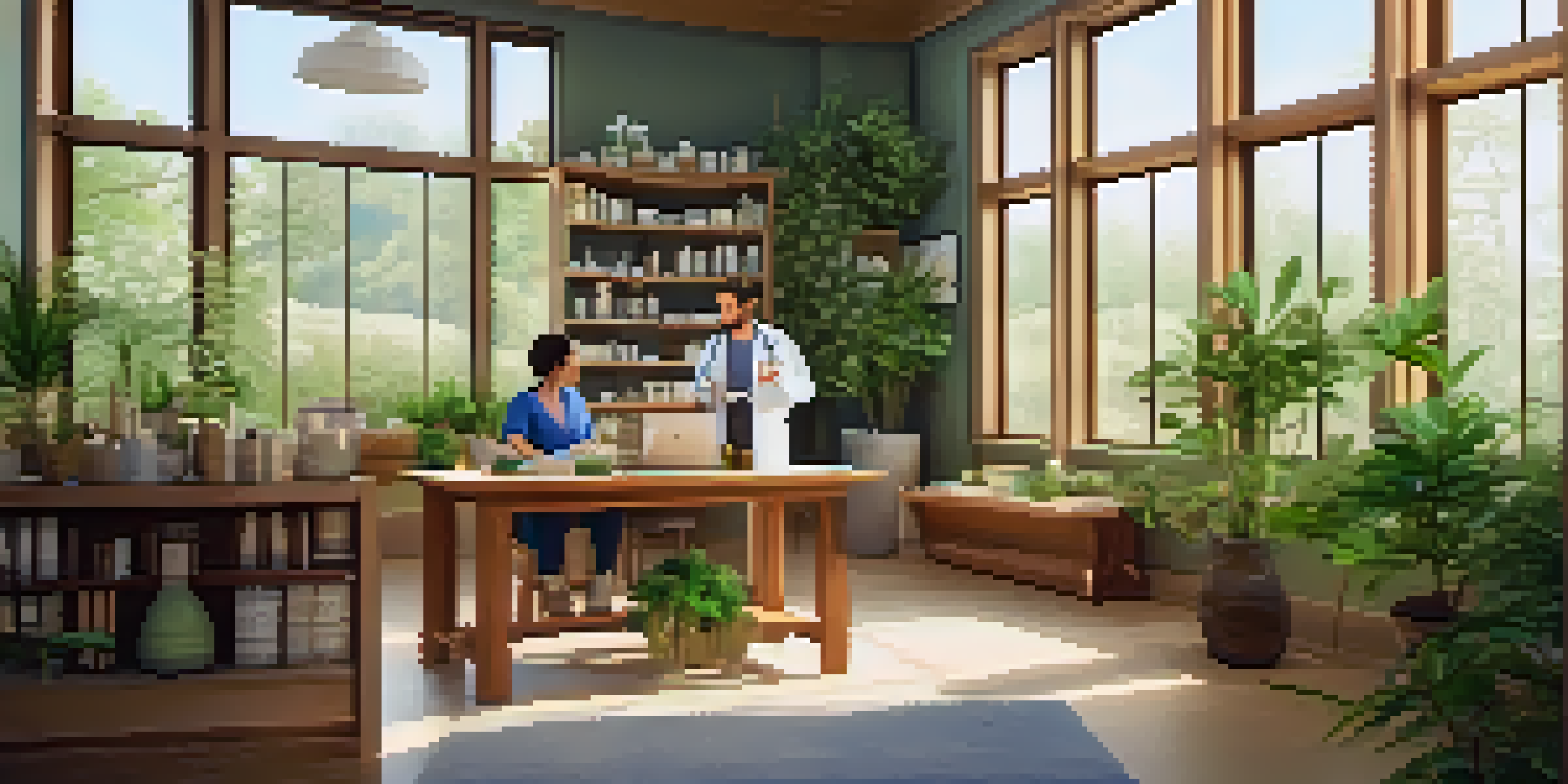 A peaceful naturopathic clinic with natural wood furnishings and plants, where a patient discusses health with a practitioner.
