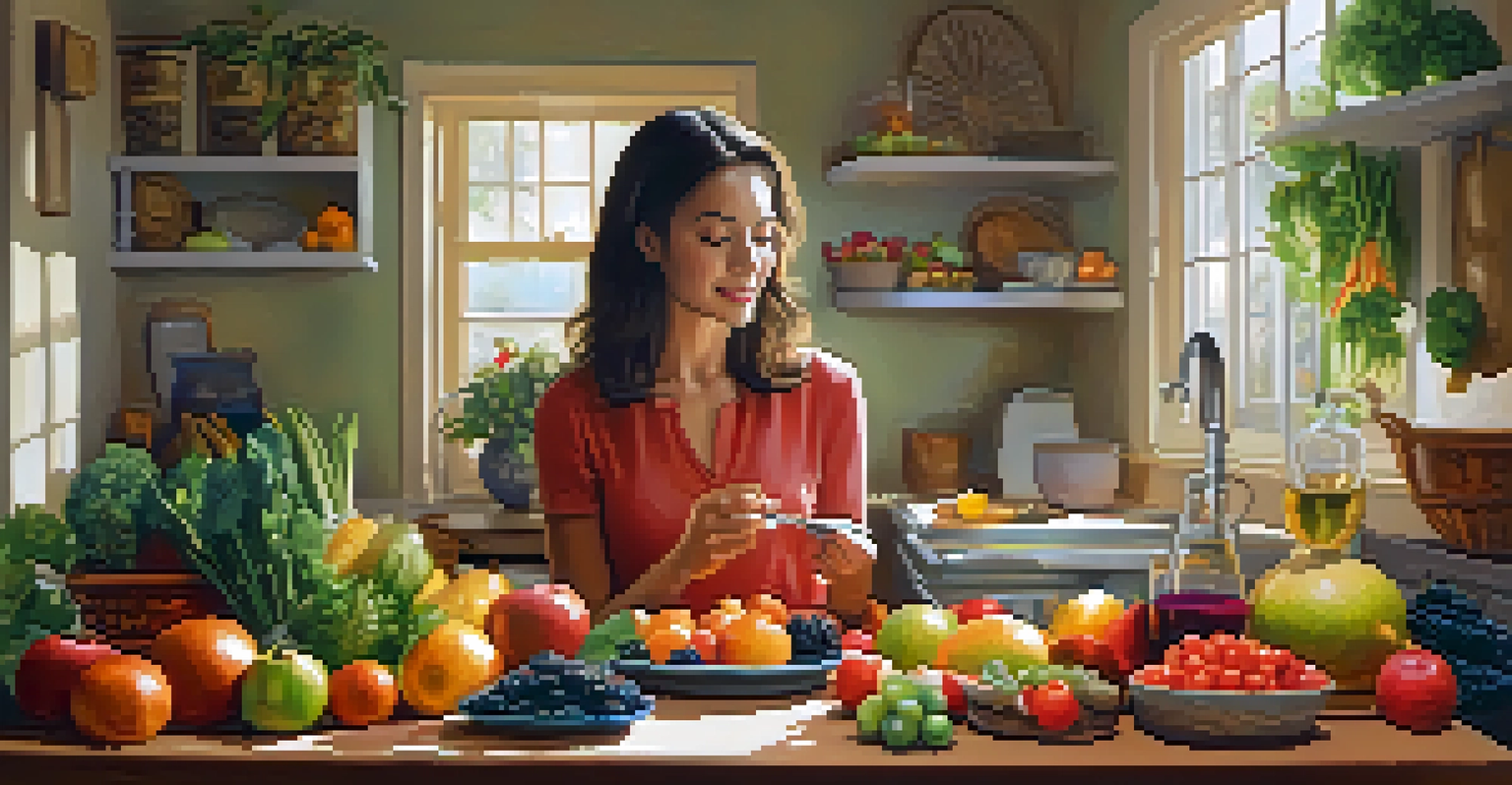 A kitchen table filled with fresh fruits and vegetables, with a person enjoying a piece of fruit mindfully.