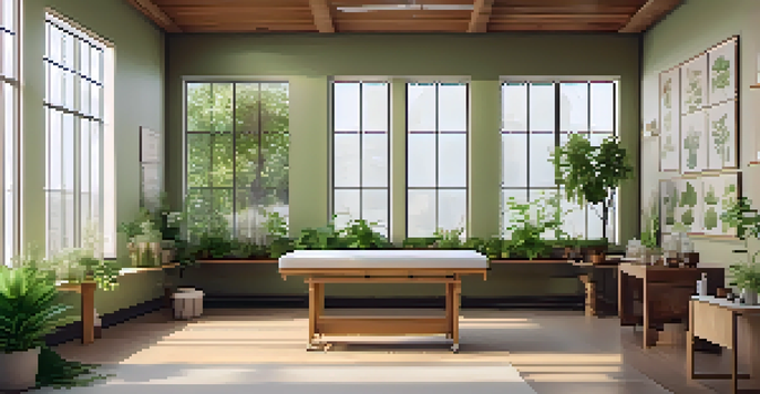 A calming interior of a naturopathic clinic with wooden furniture, plants, and sunlight filtering through the windows.