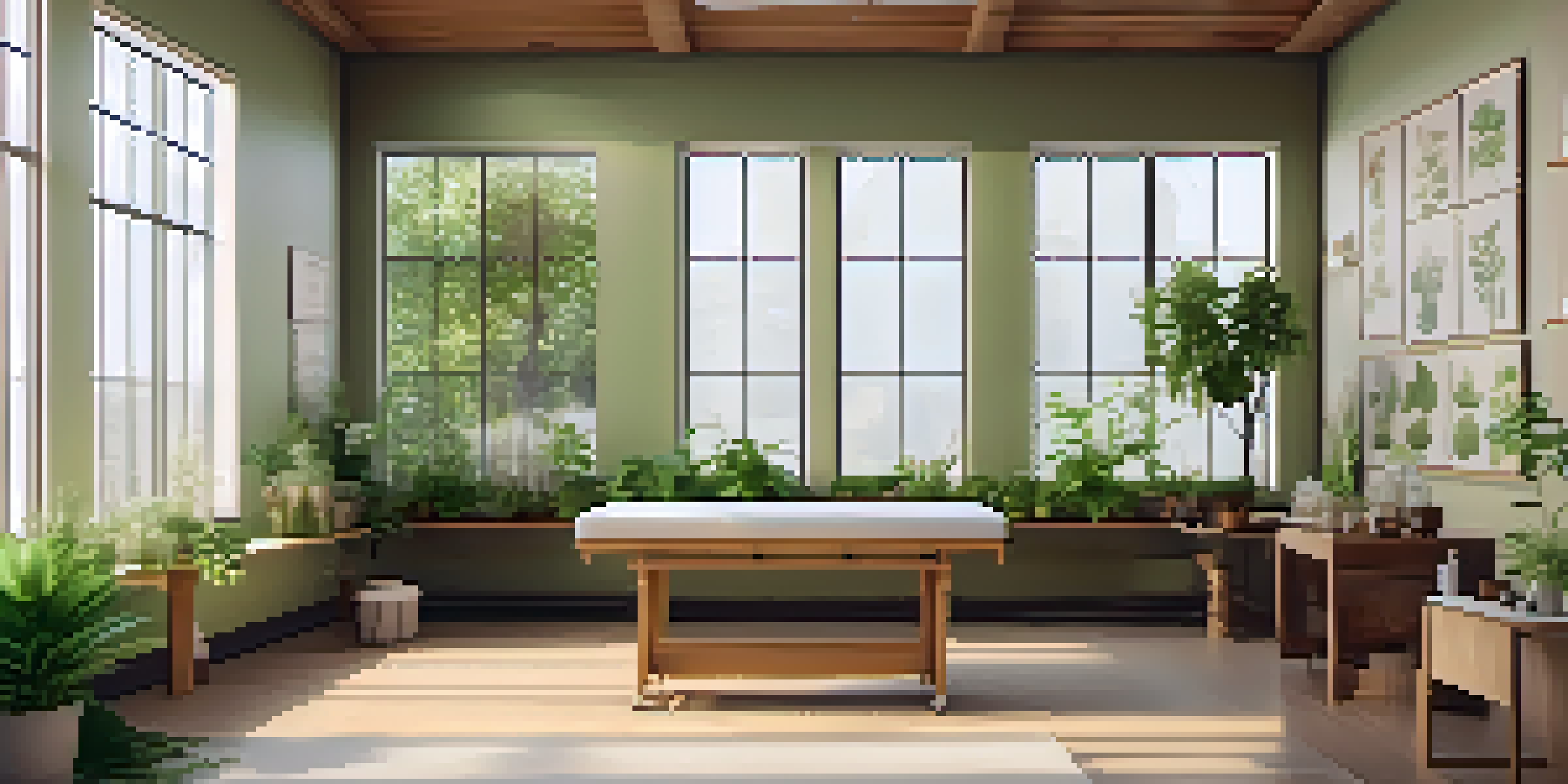 A calming interior of a naturopathic clinic with wooden furniture, plants, and sunlight filtering through the windows.