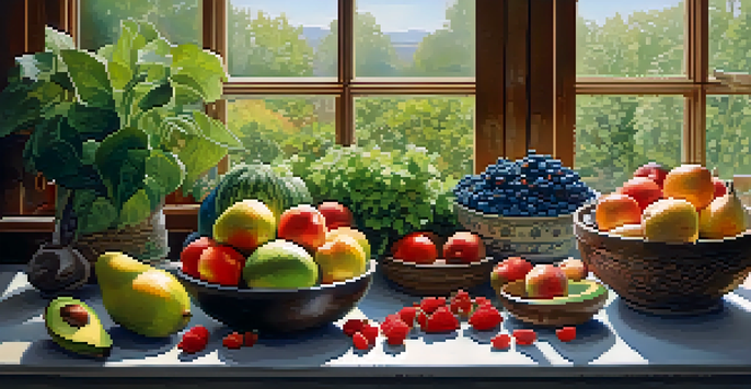 A bright kitchen table filled with fresh fruits, vegetables, nuts, and herbs, illuminated by soft natural light.