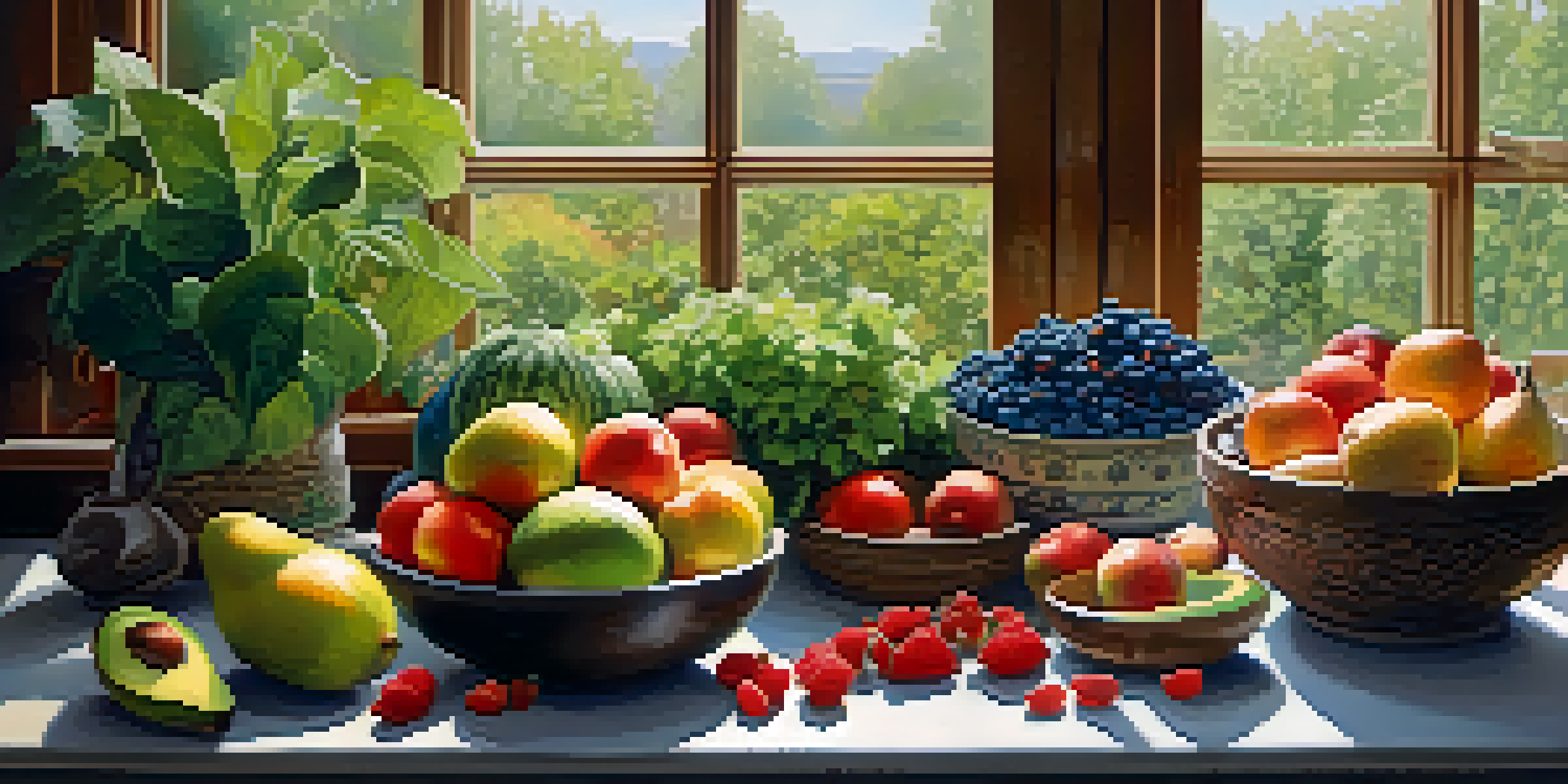 A bright kitchen table filled with fresh fruits, vegetables, nuts, and herbs, illuminated by soft natural light.