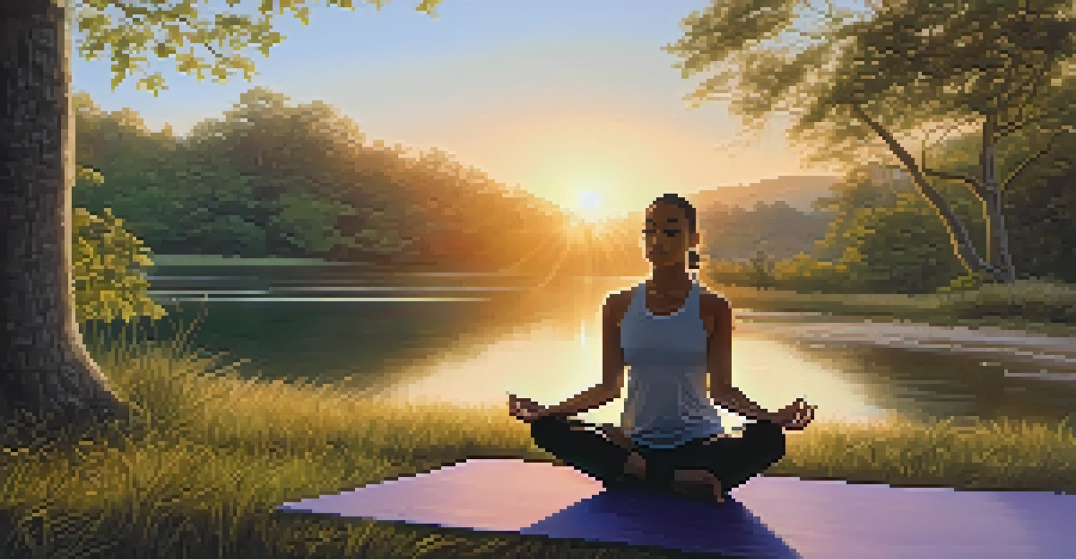 A person practicing yoga outdoors during sunset, surrounded by nature, representing tranquility and mindfulness.