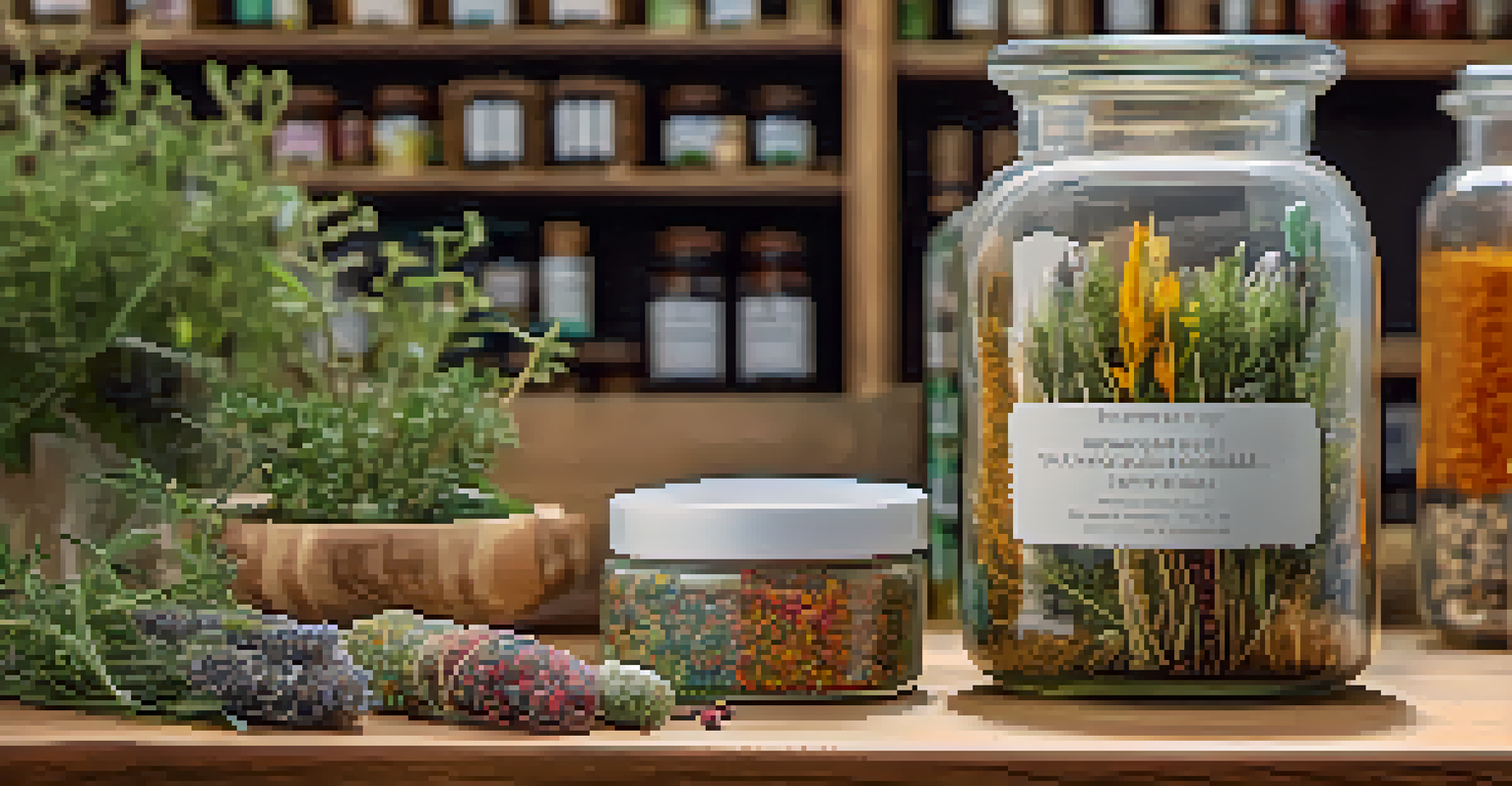 A close-up of a hand holding a glass jar of herbal supplements with a wooden table and sustainable products in the background.