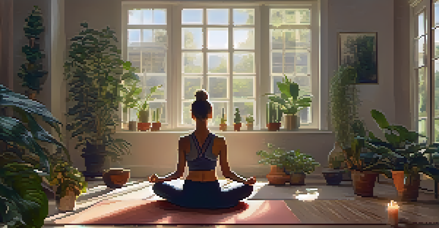 A woman meditating on a yoga mat surrounded by candles and plants in a tranquil indoor setting.