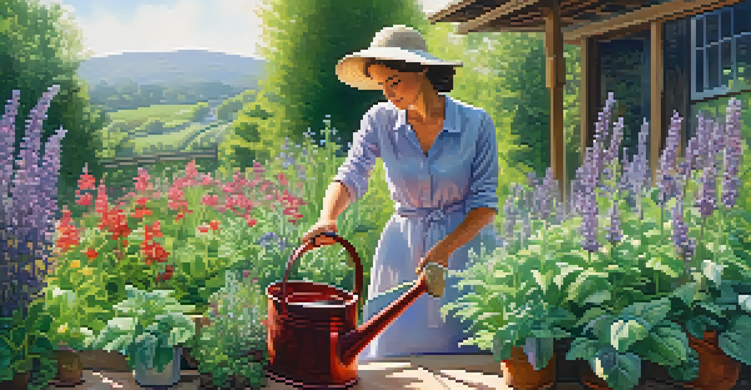 A lush garden with various herbs and a person watering the plants, surrounded by colorful flowers and sunlight, showcasing a connection with nature.