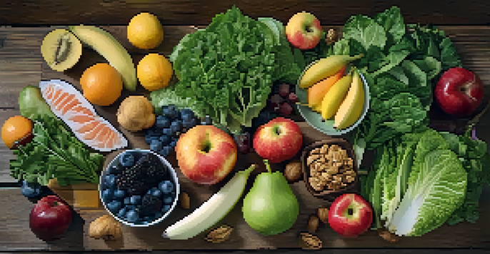 A heart-shaped arrangement of healthy foods like greens, walnuts, and colorful fruits on a wooden table, illuminated by soft natural light.