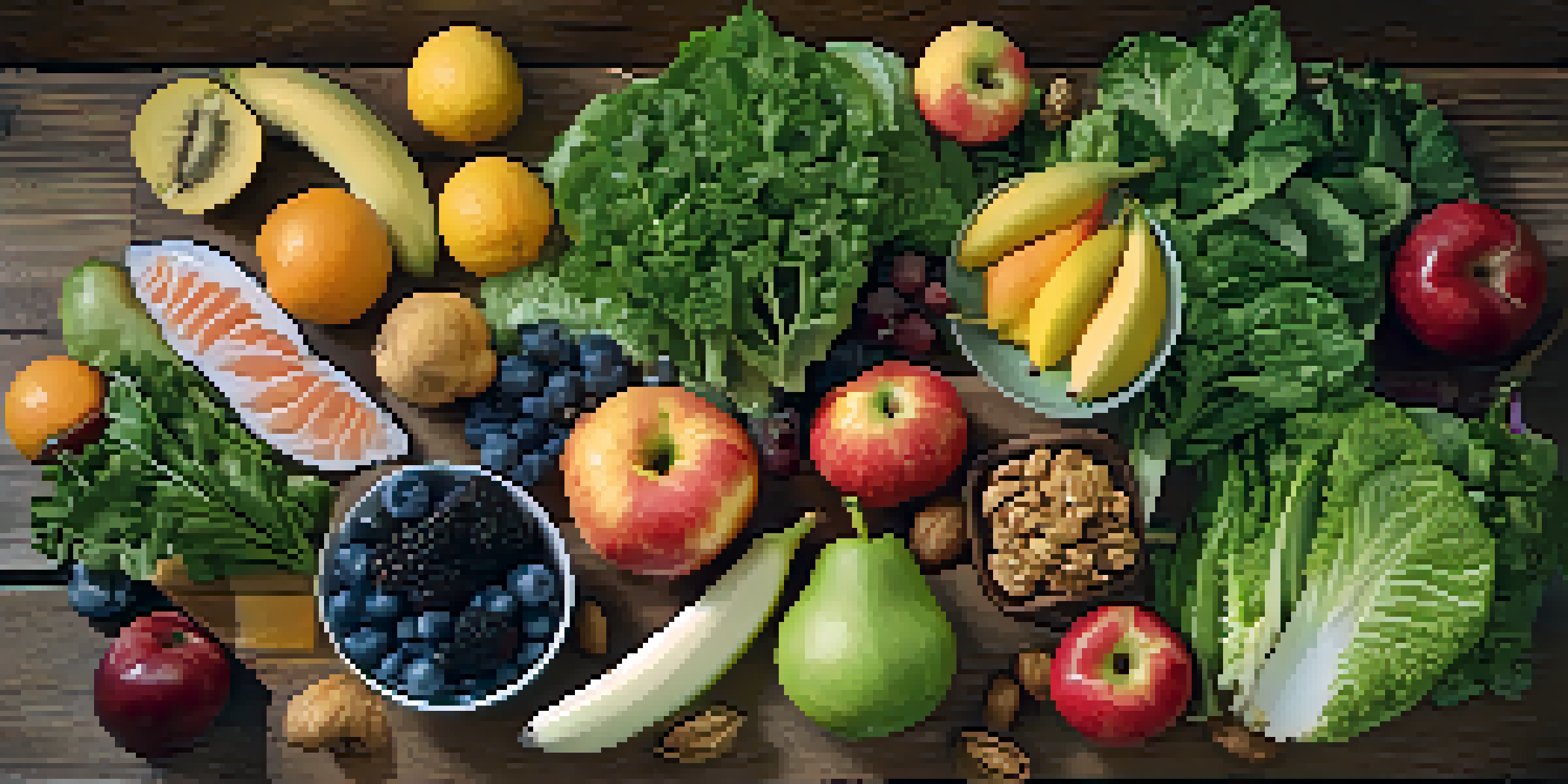 A heart-shaped arrangement of healthy foods like greens, walnuts, and colorful fruits on a wooden table, illuminated by soft natural light.