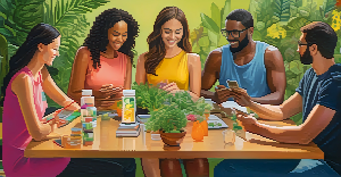 A diverse group of individuals discussing naturopathy, surrounded by herbal remedies and technology, in a warm and inviting setting.