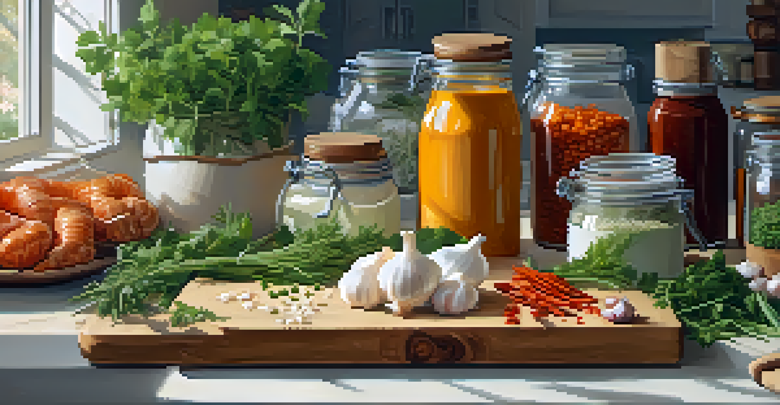 A kitchen scene with a wooden cutting board displaying fresh herbs and spices, alongside jars of fermented foods, illuminated by bright natural light.